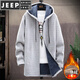 JEEP SPIRIT秋冬季毛衣夹克男士中长版大衣潮流连帽风衣加绒保暖拉炼 炼 8819深灰色【加 绒】中长版 M