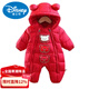 Disney winter baby jumpsuit, winter baby crawling suit, outing suit, huggable suit, one-year-old dress, New Year's outfit, New Year's greeting suit, cotton coat, red 66cm