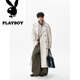 花花公子（PLAYBOY）中长款排扣过膝黑色风衣男生潮牌秋季新款宽松英伦风痞帅大衣外套 黑色 M