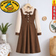 G.duck girls' fake two-piece dress autumn 2025 new medium and large children's sweet corduroy skirt fashionable princess dress khaki 120 fake two-piece suspender skirt