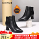 Spider King Boots Women's Autumn and Winter New Genuine Leather Thick Heel Plus Velvet Leather Shoes Pointed Toe Women's High Heel Short Boots Versatile Women's Shoes Ankle Boots Black Velvet 35