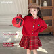 I.KARNOW Girls New Year Suit 2026 New Winter Clothes Children Red Knitted Sweater Girls New Year Shirt Thickened Skirt 4507 Plaid + 19805 Red Suit 120