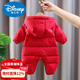 Disney winter baby jumpsuit, winter baby crawling suit, outing suit, huggable suit, one-year-old dress, New Year's outfit, New Year's greeting suit, cotton coat, red 66cm