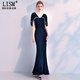 LISM designer international light luxury brand banquet evening dress women's velvet 2026 new style noble and elegant long slim fit navy blue M