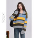 Youxiang frost dyed autumn sweater retro striped color matching polo collar thickened lazy sweater for women 2025 winter new style blue and yellow stripes S