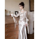 OEMG high-end champagne color host evening dress evening dress for women 2025 new high-end banquet temperament gift fishtail skirt champagne color S