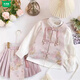 Wooden house girls autumn clothing 2026 new set children's national style long-sleeved autumn jeans three-piece set little girl pleated skirt 02 woven gold three-piece set vest + shirt + skirt 140 yards (height 130-140cm)