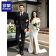 Luo Meng Groom Wedding Suit Suit Men's Korean Slim Dress Business Professional Formal Suit Men's British Three-piece Suit Double-button Black (Suit+Vest+Trousers) Free Shirt-Tie 2XL Recommended 130-145Jin Jin is equal to 0.5 kg