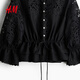 H&M2026 Spring New Women's Linen Blended English Embroidered Shirt 1330878 Black XS 155/80