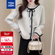 TonLion 2025 Autumn Women's Round Neck Contrast Design Cardigan Simple Temperament Gentle Versatile Lady Sweet Sweater