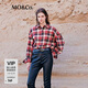 MO&Co.2024 new autumn Scottish plaid tassel raw edge loose thick cotton shirt