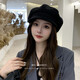 Beret Women's Autumn and Winter Black Japanese Octagonal Versatile British Retro Painter Hat Big Head Circumference Showing Face Small Cloud Hat Black (One Hat for Multiple Wear) One Size
