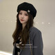 Beret Women's Autumn and Winter Black Japanese Octagonal Versatile British Retro Painter Hat Big Head Circumference Showing Face Small Cloud Hat Black (One Hat for Multiple Wear) One Size