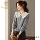 Lu Wang Lianxue doll collar knitted cardigan for women 2026 new early spring age-reducing short gray sweater fashionable bottoming shirt navy blue L 105-120Jin Jin equals 0.5 kg