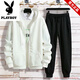 Playboy Pure Cotton Sports Suit Men's Spring and Autumn Jacket Men's Casual Sweater Men's Handsome Printed Tops and Pants Men's New Style Suit Gray Sweater + Pants Plus Velvet M