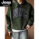 JEEP SPIRIT outer wear dark green hooded sweatshirt for boys spring new American oversize printed loose top trendy white spring and autumn thin. S (recommended 85-110Jin Jin equals 0.5 kg)