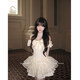 Xiaohongshu hanging neck dress girl's rich girl's birthday dress with bow and diamonds, apricot S