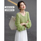 Demana Contains sheep wool, spring gentle style V-neck hollow sweater, girly short knitted sweater with hidden flesh, women's top