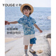 YOUGE Infant Ocean Whale Print Lapel Short Sleeve 2026 New Cute Loose T-shirt for Children and Middle School Tide Blue 90 cm