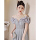 Mofu one-shoulder evening dress female fashionable fairy banquet host long dress slim adult dress 2026 spray gold dress XS