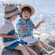 YOUGE Infant Ocean Whale Print Lapel Short Sleeve 2026 New Cute Loose T-shirt for Children and Middle School Tide Blue 90 cm