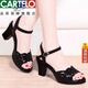 Cartelo Cuir officiel 2025 Nouvelles sandales à talons épais pour les femmes dans les chaussures de poisson d'été Bouche pour femmes Rignestone High Heels Femme Chaussures de mère noire
