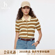 HAZZYS Women's 2026 Summer New Women's Sweater Lapel Contrast Color Striped Short-Sleeved Knitted Cardigan ABYSD1DBD21 Beige BI S (155/80A 36)