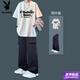 Playboy (PLAYBOY) American T-shirt summer short-sleeved suit casual trend matching men's ice silk trousers loose fashion two-piece set for men 2-piece set-Sunny pure cotton black short-sleeved + overalls black M upgraded version