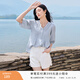 Xiangying Wang Churan star same style white baby doll top women's summer linen shirt light thin v-neck shirt blue L 165/88A/110-125Jin Jin equals 0.5 kg