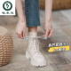 Boots de mujer de cuero de carpintero de carpintero Botas de mujer de cuero genuino 2025 Spring y otoño Nuevo estilo británico Botas de vellón gruesas botas de encaje altura interna blanca 7 cm [individual] 33