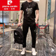 Pier Cardin ironing set T-shirt men's sportswear casual sports brand ice silk short sleeves handsome fashionable combination 5012 black set 2XL