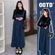 Mère de Ranqi enceinte enceinte d'automne 2025 Nouvelle robe Robe Automne et costume d'hiver Tenue haut de gamme Spring and Automn Strap Jirt Two-Piece Set Spower Jupe + Black Top (Ensemble en deux pièces) 2xl
