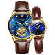 Le couple Olevs regarde un couple entièrement automatique sur la montre mécanique entièrement automatique Gift multifonctionnel étanche pour petit ami et petite amie 3601 + 6629 [cadeau de luxe bleu en cuir marron]