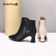 Spider King Boots Women's Autumn and Winter New Genuine Leather Thick Heel Plus Velvet Leather Shoes Pointed Toe Women's High Heel Short Boots Versatile Women's Shoes Ankle Boots Black Velvet 35