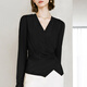 Yanyu Black Slim Shirt Women's 2025 Autumn Versatile V-neck Long Sleeve Top Waist Shirt Black M/38