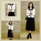 Daimax autumn new knitted suit color-blocked long-sleeved pullover sweater covering the flesh umbrella skirt two-piece set for women white XL