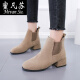 Mifansu flat women's boots suede new pointed toe Chelsea boots nubuck leather all-match autumn boots thick heel nude boots thick heel short black 40