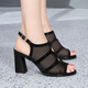 Fugui Bird Brand Chaussures pour femmes avec des sandales en mailles en strass vides pour les femmes 2025 Nouvelle jupe d'été avec talon épais bouche de poisson haut talons noirs 37