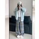 Pantalones a cuadros de algodón para mujeres en primavera y otoño Nuevos pantalones de deportes de cintura ancha y de piernas abiertas sueltas 687 azul marino [alta calidad más lana] m 90-100Jin [Jin equivale a 0.5 kg]