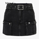 MO&Co. Cool low-waisted denim culottes with cargo pockets, A-line shorts, rock wash and belt, Moanco, denim black, M 27