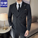 ROMON high-end double-breasted suit suit male groom wedding dress formal fit Korean solid color suit three-piece suit black single-piece suit XL/52