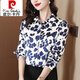 Pierre Cardin fashion printed long-sleeved chiffon shirt for women in spring and autumn, commuting temperament, slim top, fashionable mother's belly-covering shirt, leaf flower 3XL 140-150Jin Jin is equal to 0.5 kg