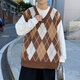 JIAYE 2024 Spring and Autumn Rhombus Grid Candle Knitted Vest Men's Loose Pullover Retro Outer Sleeveless Sweater Vest Coffee XL