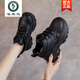 Woodpecker Women's Small Height Increasing Shoes 8CM Sports Shoes Versatile Black Leather Dad Shoes Anti-Slip Wedge Casual Shoes Black.. Leather 35