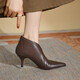 Gfoe French niche cowhide high heels ankle boots temperament retro pointed toe boots women's thin heels nude boots autumn v-mouth witch shoes single brown 36
