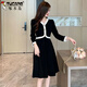 Woodpecker gras de grande taille Vêtements pour femmes printemps et automne Nouveau collier de parfum à la mode couvrant le ventre pour vous faire paraître mince robe à manches longues pour les femmes 1289 noire à manches courtes M recommandées 85-100jin [Jin est égal à 0,5 kg]