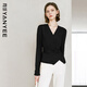 Yanyu Black Slim Shirt Women's 2025 Autumn Versatile V-neck Long Sleeve Top Waist Shirt Black M/38
