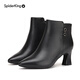 Spider King Boots Women's Autumn and Winter New Genuine Leather Thick Heel Plus Velvet Leather Shoes Pointed Toe Women's High Heel Short Boots Versatile Women's Shoes Ankle Boots Black Velvet 35
