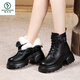 Specht mit echten Lederwolle Martinstiefel für Frauen 2024 neue Winter Baumwollstiefel Fell integrierte Baumwollschuhe plus samtige Dicke Sohle Schneestiefel Schwarz Pure Woll Inner 36