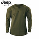 JEEP SPIRIT Retro Heavy Henley Long Sleeve T-Shirt Solid Color Sports Fitness Bottoming Shirt Men's Pure Cotton Stretch Thin V-Neck Cardigan Black L